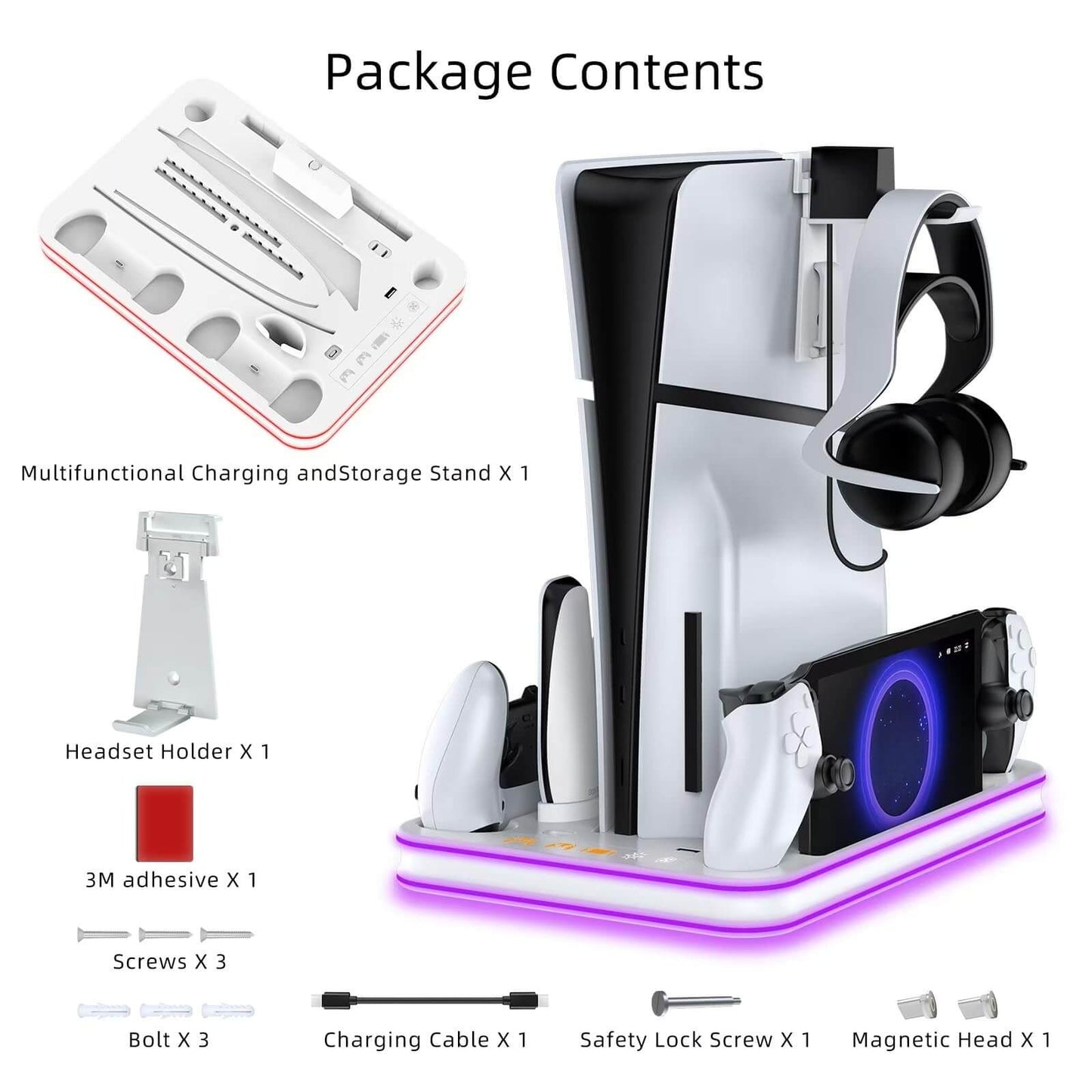 Charger Dock Compatible with PS Portal and PS5, PS5 Stand and Cooling Station with RGB LED Charging Dock, PS5 Edge Controller and Headset and Remote Holders - White