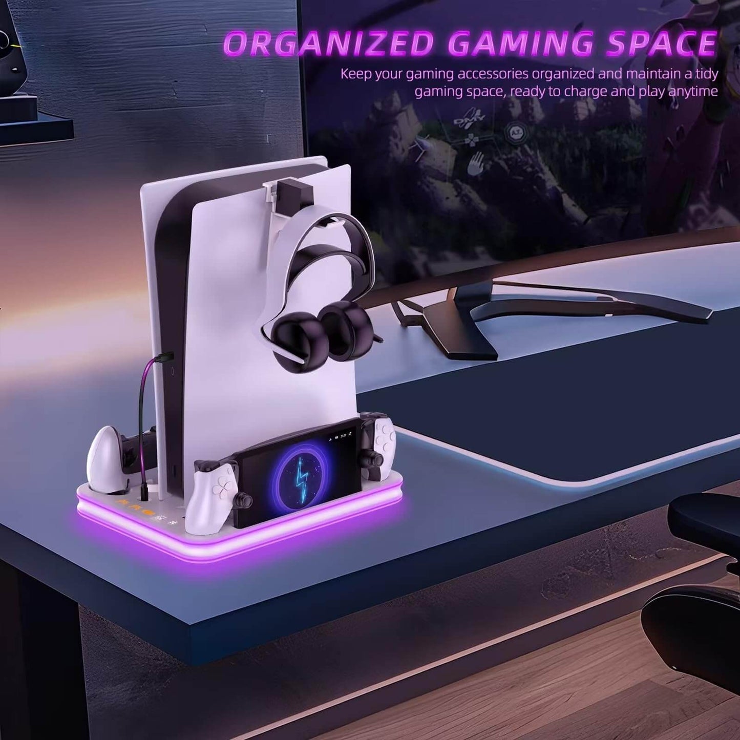 Charger Dock Compatible with PS Portal and PS5, PS5 Stand and Cooling Station with RGB LED Charging Dock, PS5 Edge Controller and Headset and Remote Holders - White