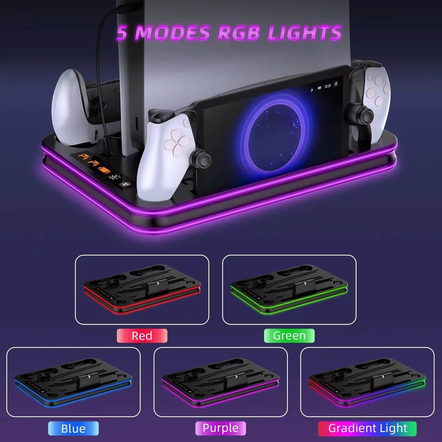 PlayStation Portal Charger, PS5 Stand and Cooling Station with RGB LED Controller Charging Dock Accessories, PS5 Edge Controller and PS Portal Charger, Headset and Remote Holders