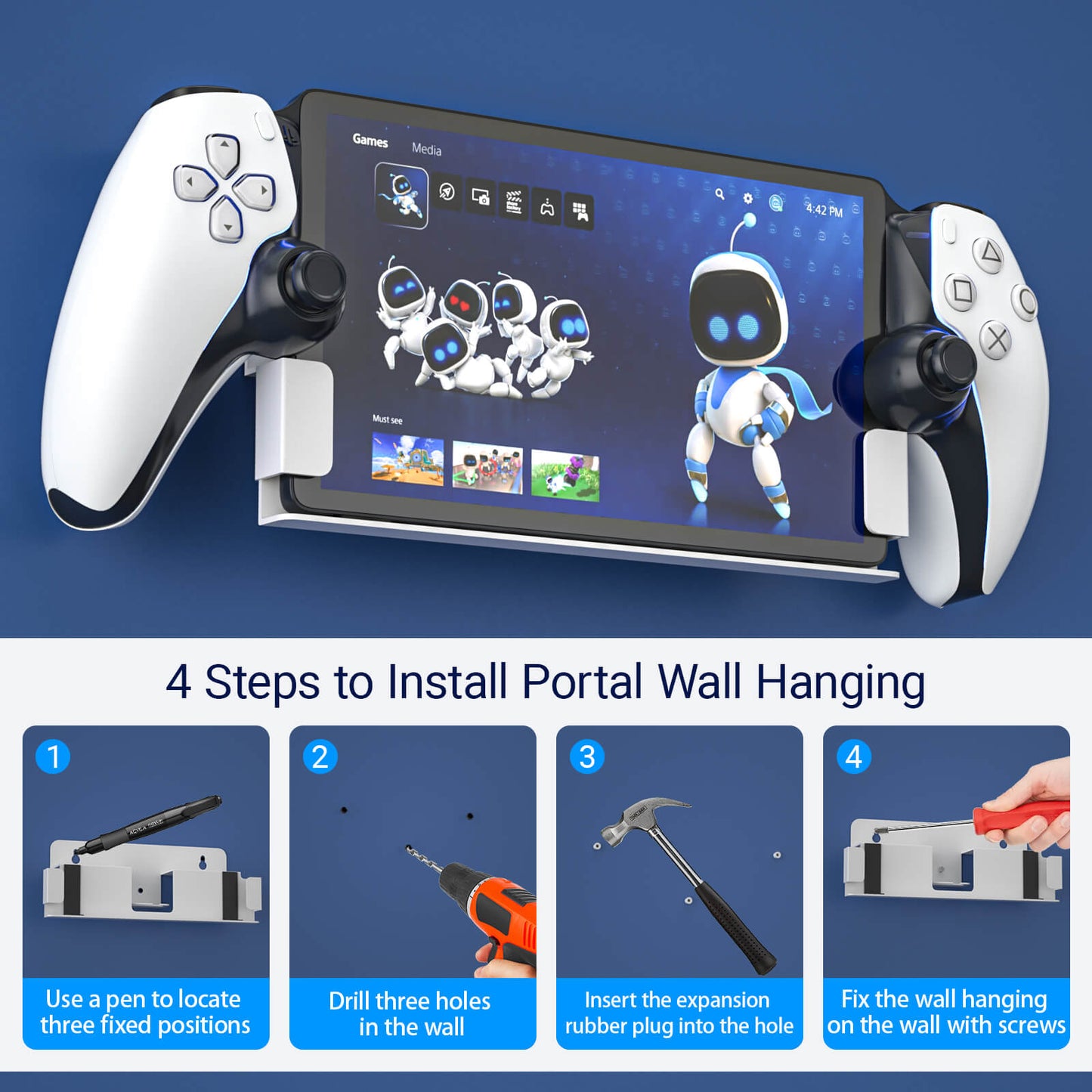 PlayStation Portal Wall Mount, Wall Mounting Kit for PlayStation Portal Remote Player on Wall Near Or Behind TV, Display and Storage Metal Bracket for PS Portal Accessories - White