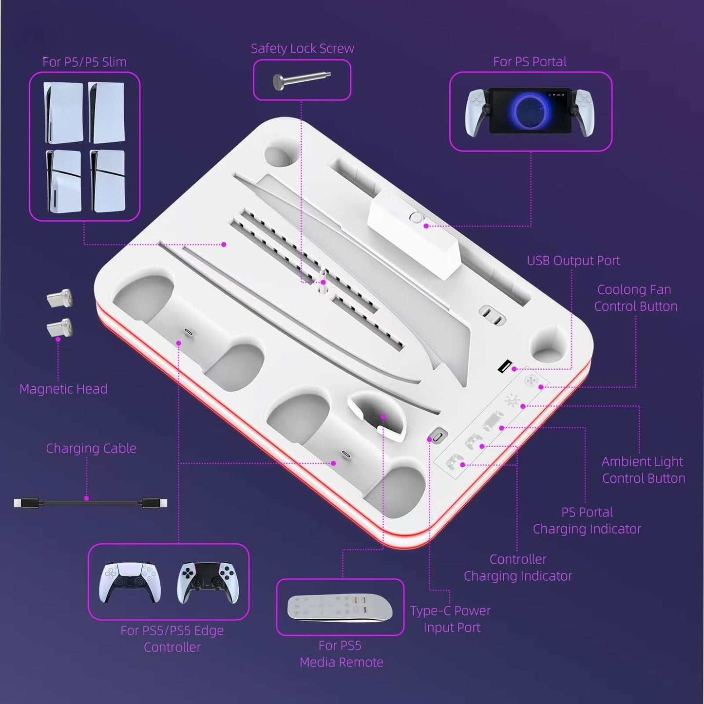 Charger Dock Compatible with PS Portal and PS5, PS5 Stand and Cooling Station with RGB LED Charging Dock, PS5 Edge Controller and Headset and Remote Holders - White
