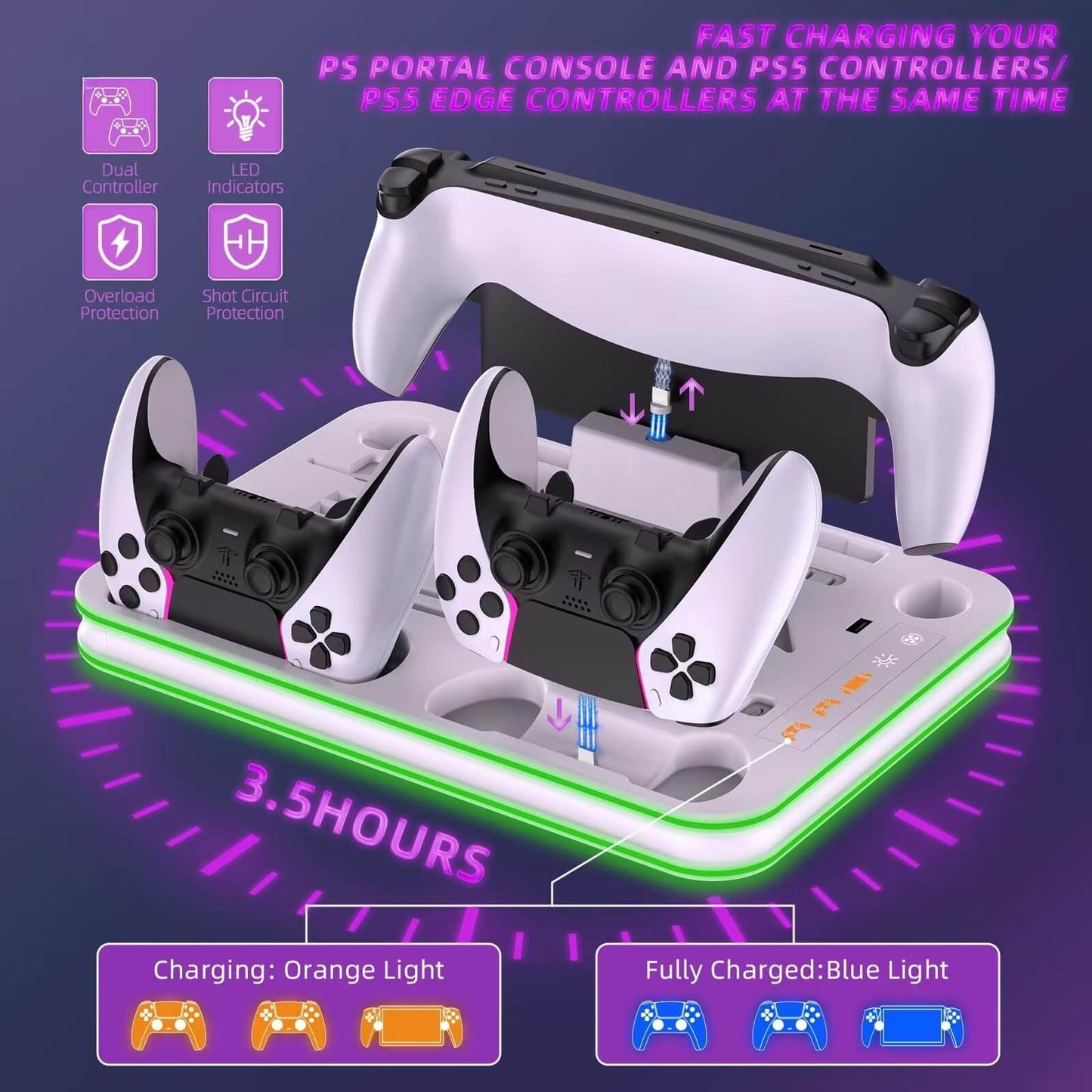 Charger Dock Compatible with PS Portal and PS5, PS5 Stand and Cooling Station with RGB LED Charging Dock, PS5 Edge Controller and Headset and Remote Holders - White