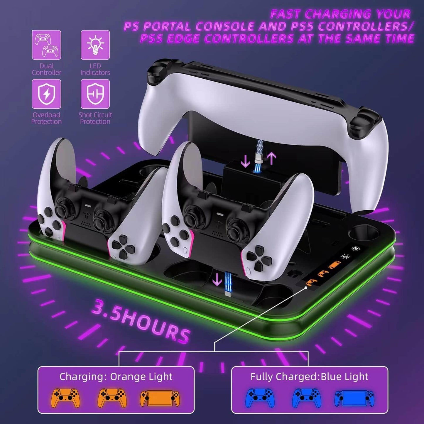 PlayStation Portal Charger, PS5 Stand and Cooling Station with RGB LED Controller Charging Dock Accessories, PS5 Edge Controller and PS Portal Charger, Headset and Remote Holders
