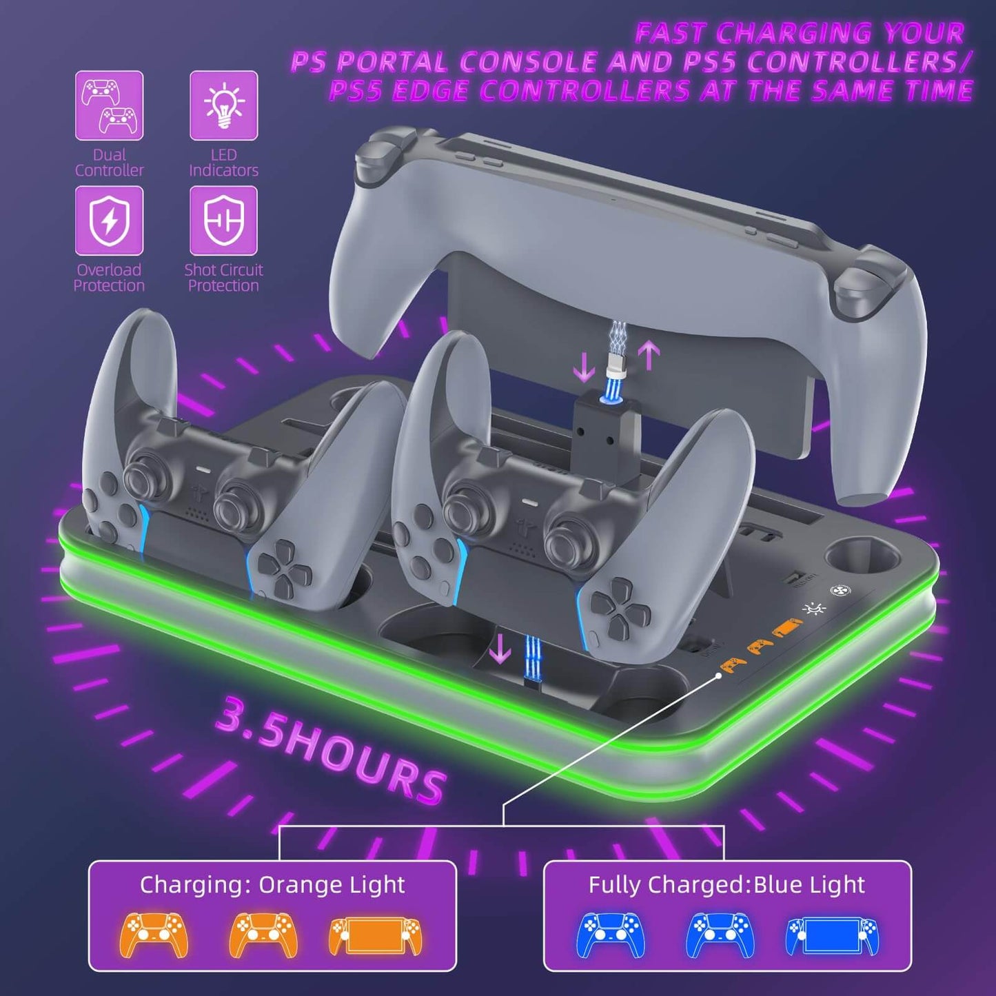 Charger Dock Compatible with PS Portal and PS5 Controller, PS5 Pro Stand and Cooling Station with RGB LED Charging Dock, PS5 Edge Controller and Headset and Remote Holders - Grey