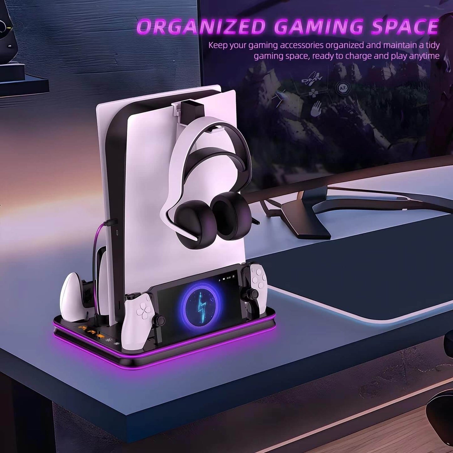 PlayStation Portal Charger, PS5 Stand and Cooling Station with RGB LED Controller Charging Dock Accessories, PS5 Edge Controller and PS Portal Charger, Headset and Remote Holders