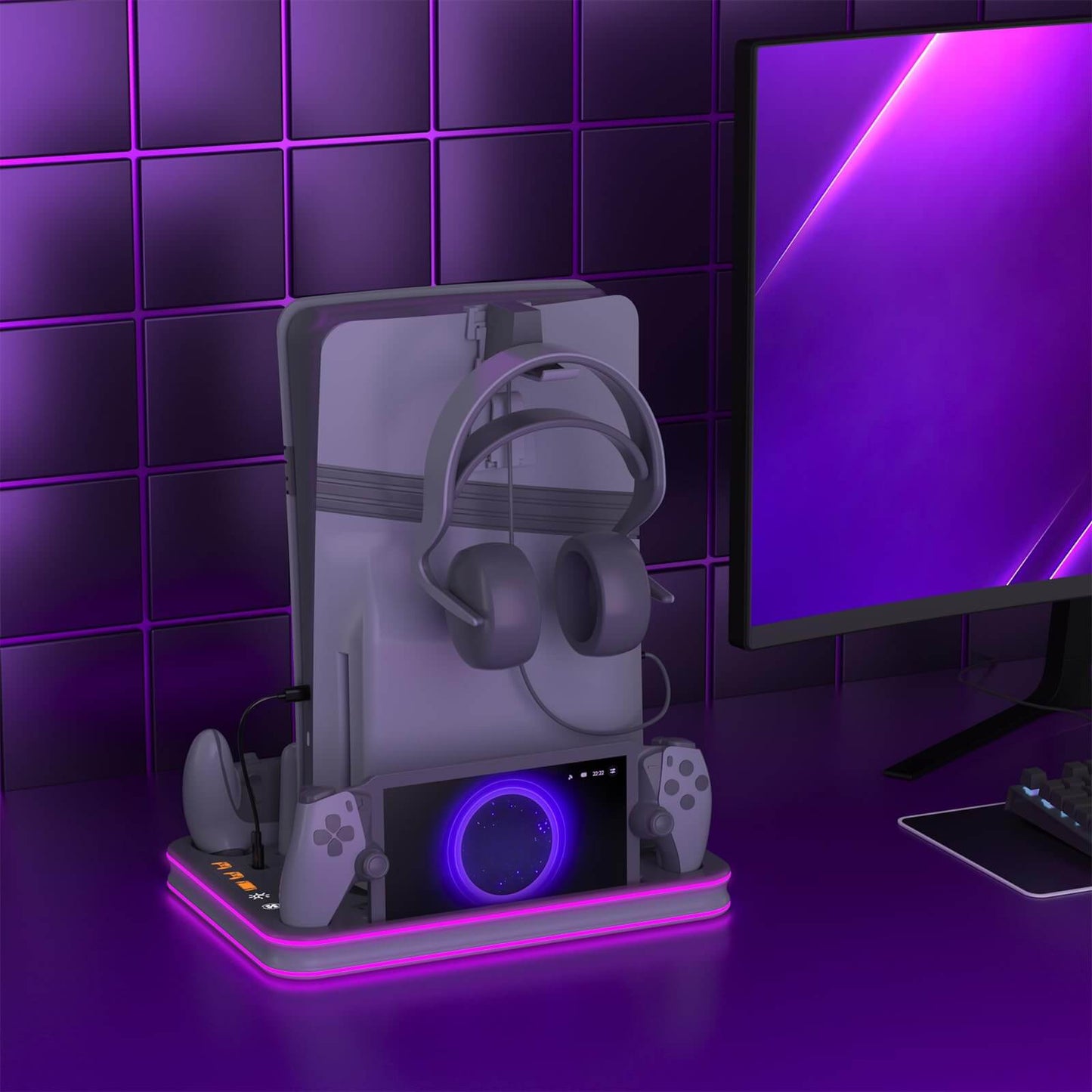 Charger Dock Compatible with PS Portal and PS5 Controller, PS5 Pro Stand and Cooling Station with RGB LED Charging Dock, PS5 Edge Controller and Headset and Remote Holders - Grey