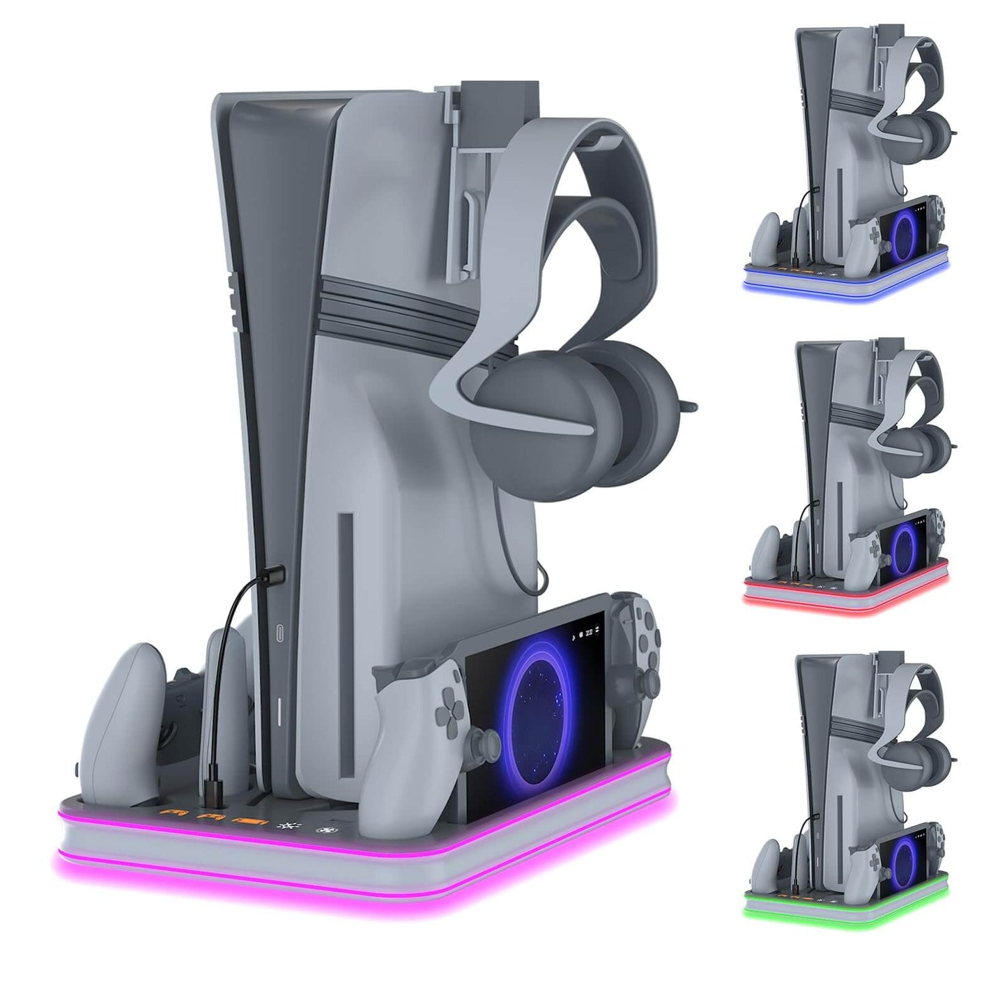 Charger Dock Compatible with PS Portal and PS5 Controller, PS5 Pro Stand and Cooling Station with RGB LED Charging Dock, PS5 Edge Controller and Headset and Remote Holders - Grey