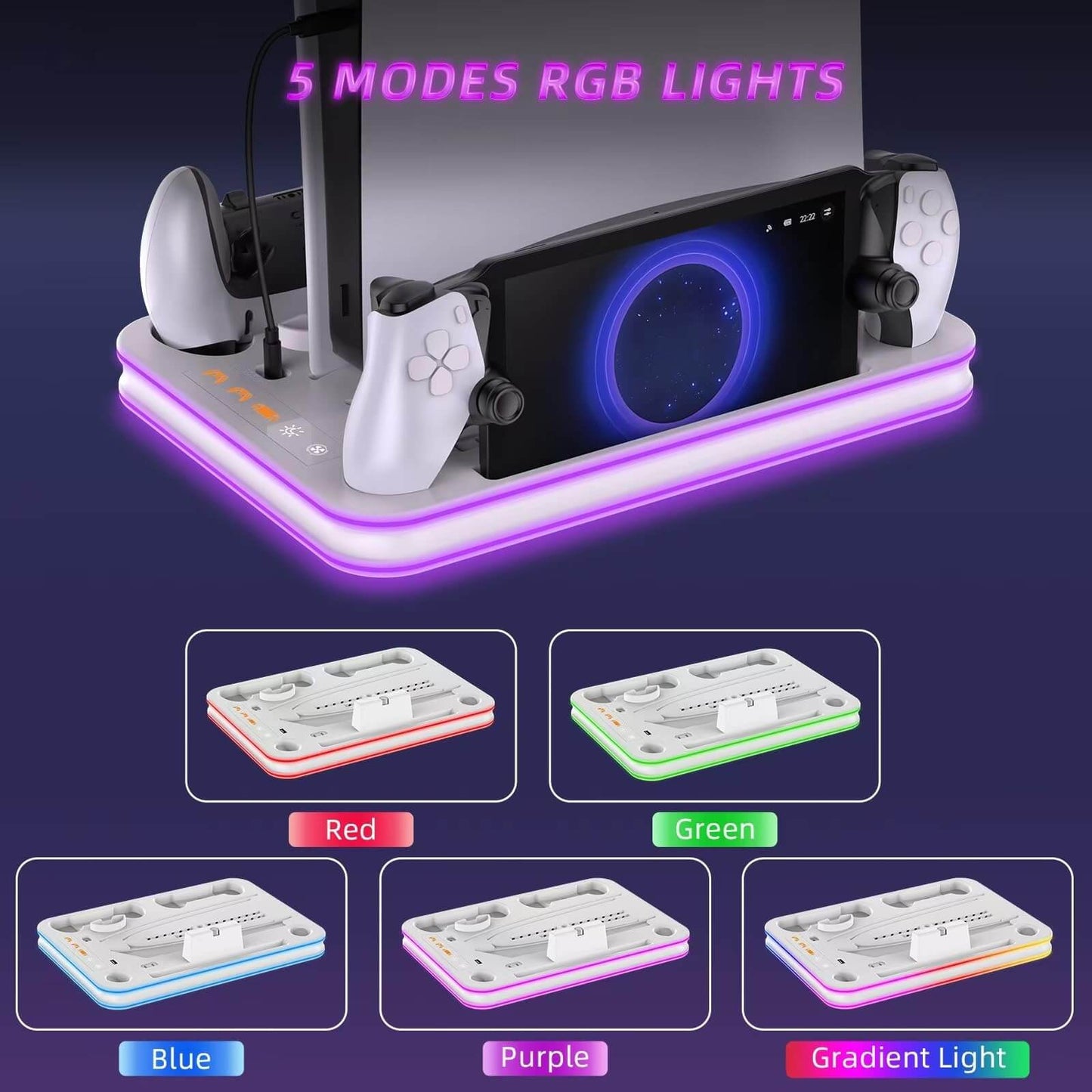 Charger Dock Compatible with PS Portal and PS5, PS5 Stand and Cooling Station with RGB LED Charging Dock, PS5 Edge Controller and Headset and Remote Holders - White