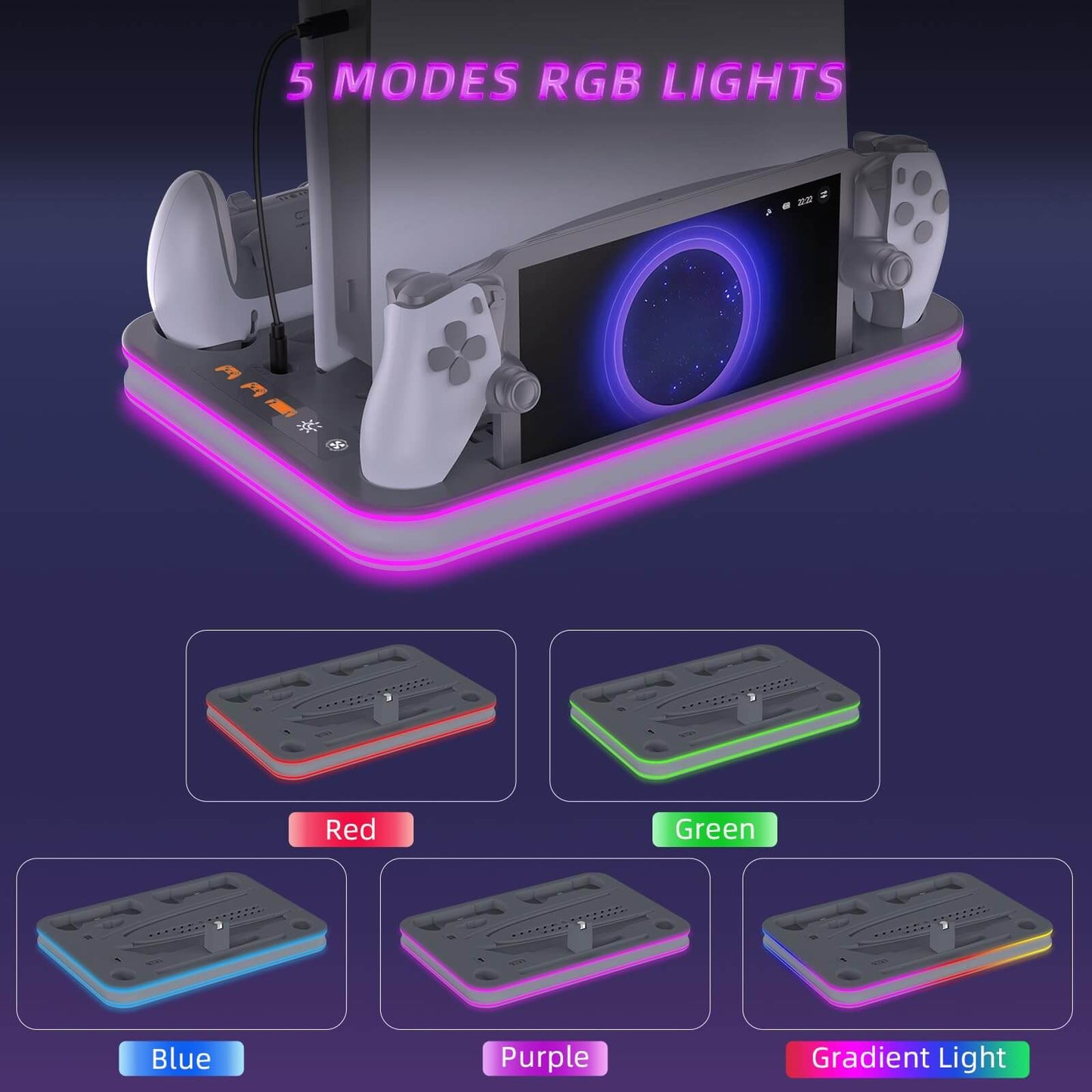 Charger Dock Compatible with PS Portal and PS5 Controller, PS5 Pro Stand and Cooling Station with RGB LED Charging Dock, PS5 Edge Controller and Headset and Remote Holders - Grey