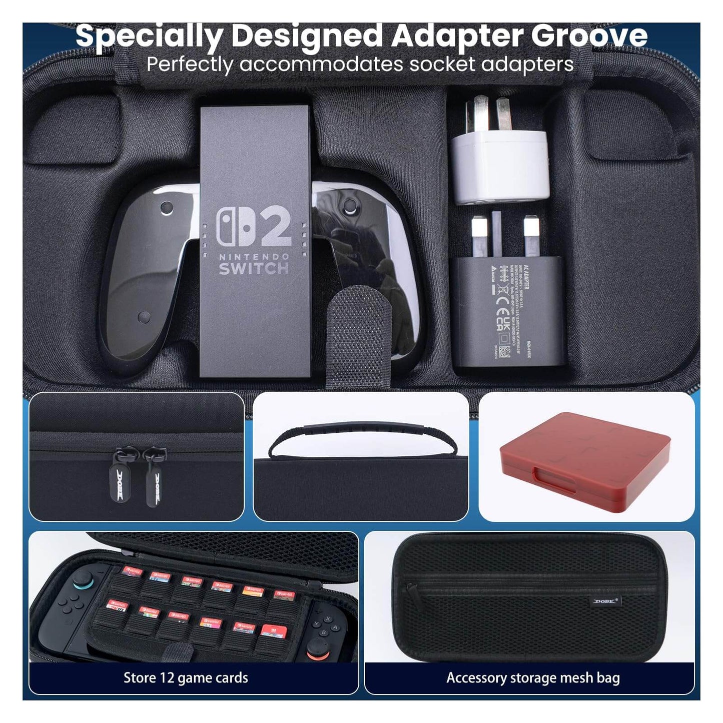 Switch 2 Carrying Case Hard Shell Travel Bag - Protective Console Storage Organizer with Game Card Holder - Portable Carry Pouch for Nintendo Switch 2 Accessories, Joy-Con Charging Grip,AC Adapter