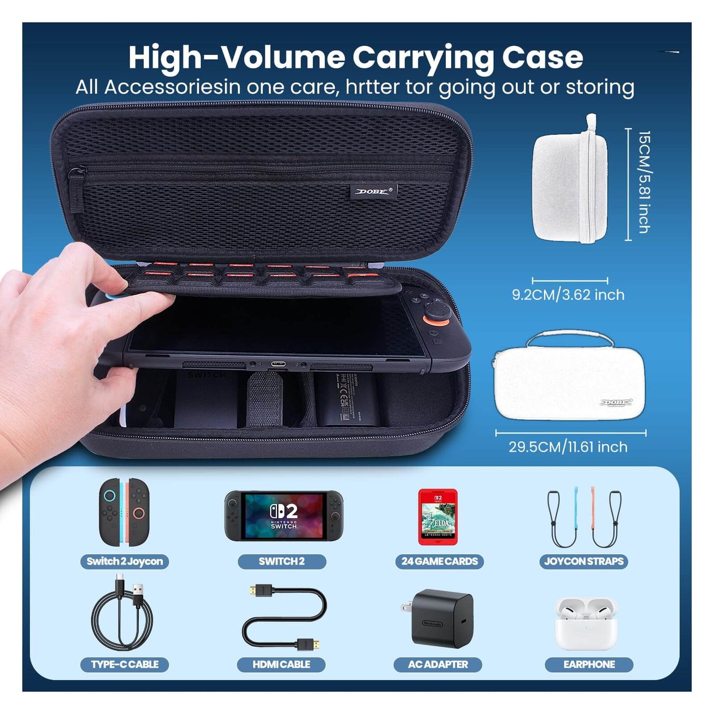 Switch 2 Carrying Case Hard Shell Travel Bag - Protective Console Storage Organizer with Game Card Holder - Portable Carry Pouch for Nintendo Switch 2 Accessories, Joy-Con Charging Grip,AC Adapter