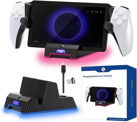 Charging Station for PS Portal Remote Player, Fast Charging PS Portal Charger Dock Stand with 5 RGB Light Modes and Type-C Magnetic Charging, PS Portal Accessories Black