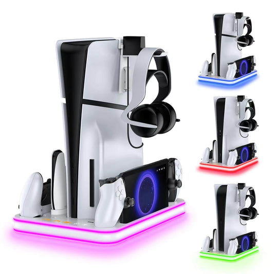 Charger Dock Compatible with PS Portal and PS5, PS5 Stand and Cooling Station with RGB LED Charging Dock, PS5 Edge Controller and Headset and Remote Holders - White
