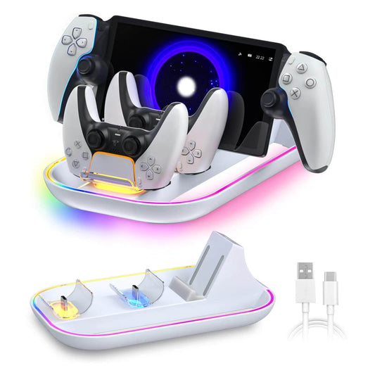 Charging Dock Station for PlayStation Portal and Dualsense Controller, 3-in-1 Charging Stand for PS Portal Remote Player with 14 RGB Light and Type-C Cable, Stand Holder for PS Portal - White