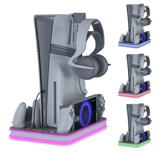 Charger Dock Compatible with PS Portal and PS5 Controller, PS5 Pro Stand and Cooling Station with RGB LED Charging Dock, PS5 Edge Controller and Headset and Remote Holders - Grey