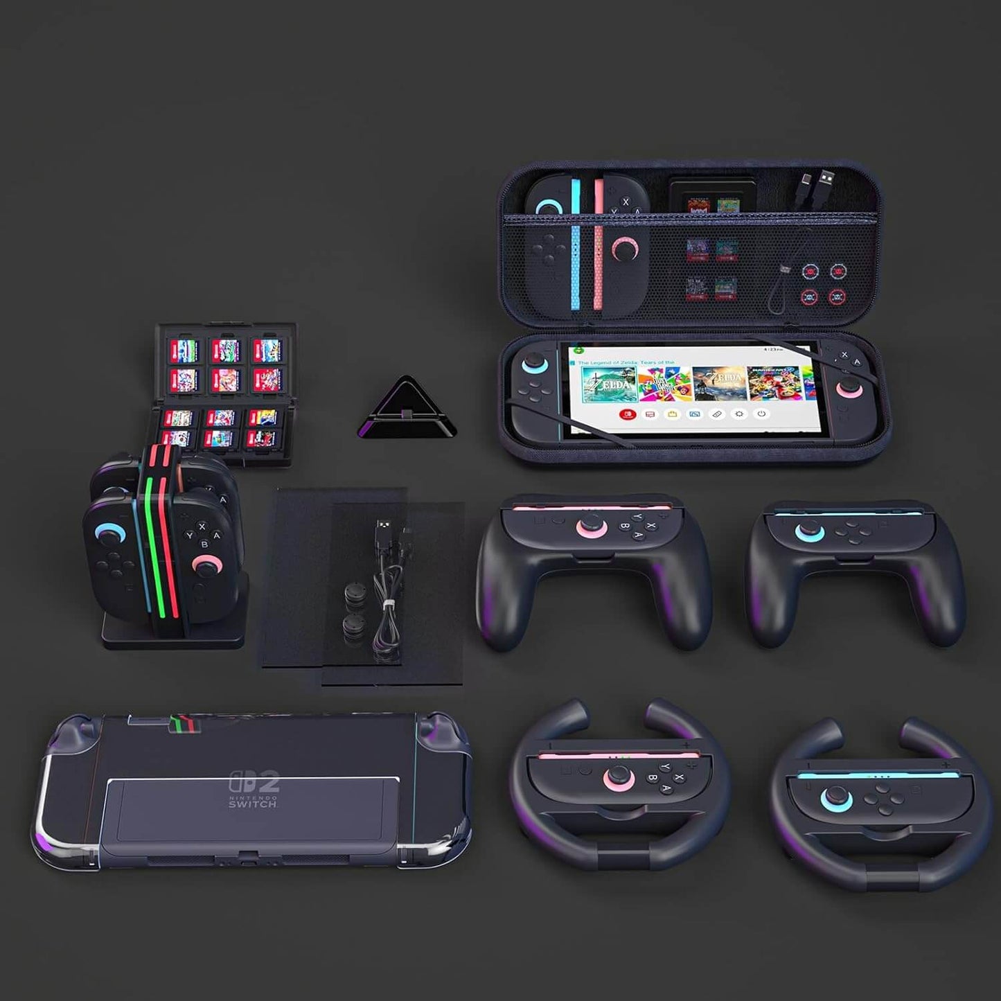 Switch 2 Accessories Bundle - 9-in-1 Carrying Case Kit with Charger Dock, Joy-Con Wheels, Grips, Screen Protector, Protective Cover - Gift Set for Nintendo Switch 2 Console Owners & Mario Kart Fans