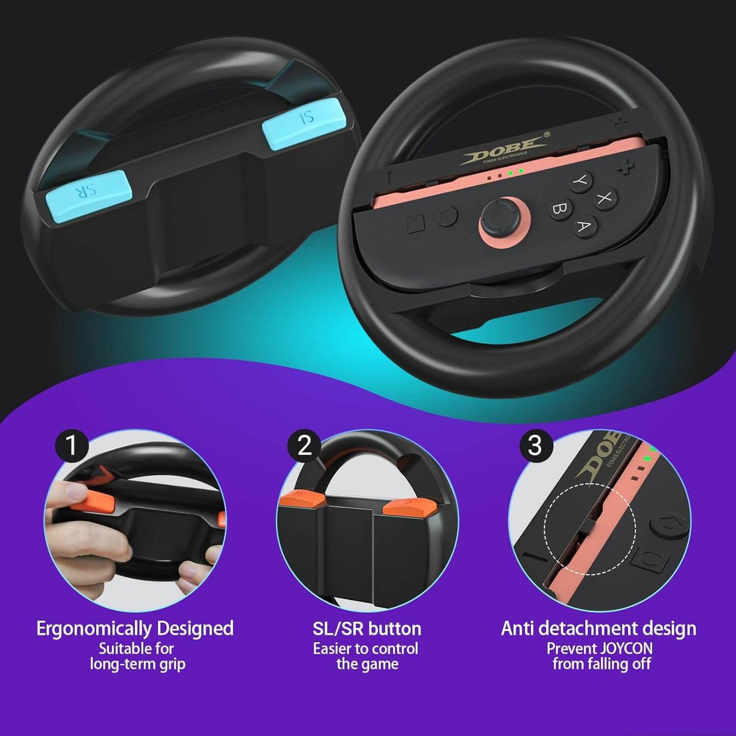 WUXIDIXI Switch 2 Steering Wheel for Nintendo Switch 2 – Family-Friendly Joy-Con Controller Grip – Kid-Safe Switch 2 Racing Wheel – Fun Switch 2 Accessories for Mario Kart – Black [2-Pack]